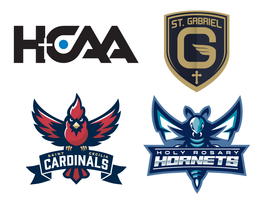 Logo examples created for HCDSB schools - HCAA, St. Gabriel school crest, St. Cecilia Cardinals, Holy Rosary Burlington Hornets