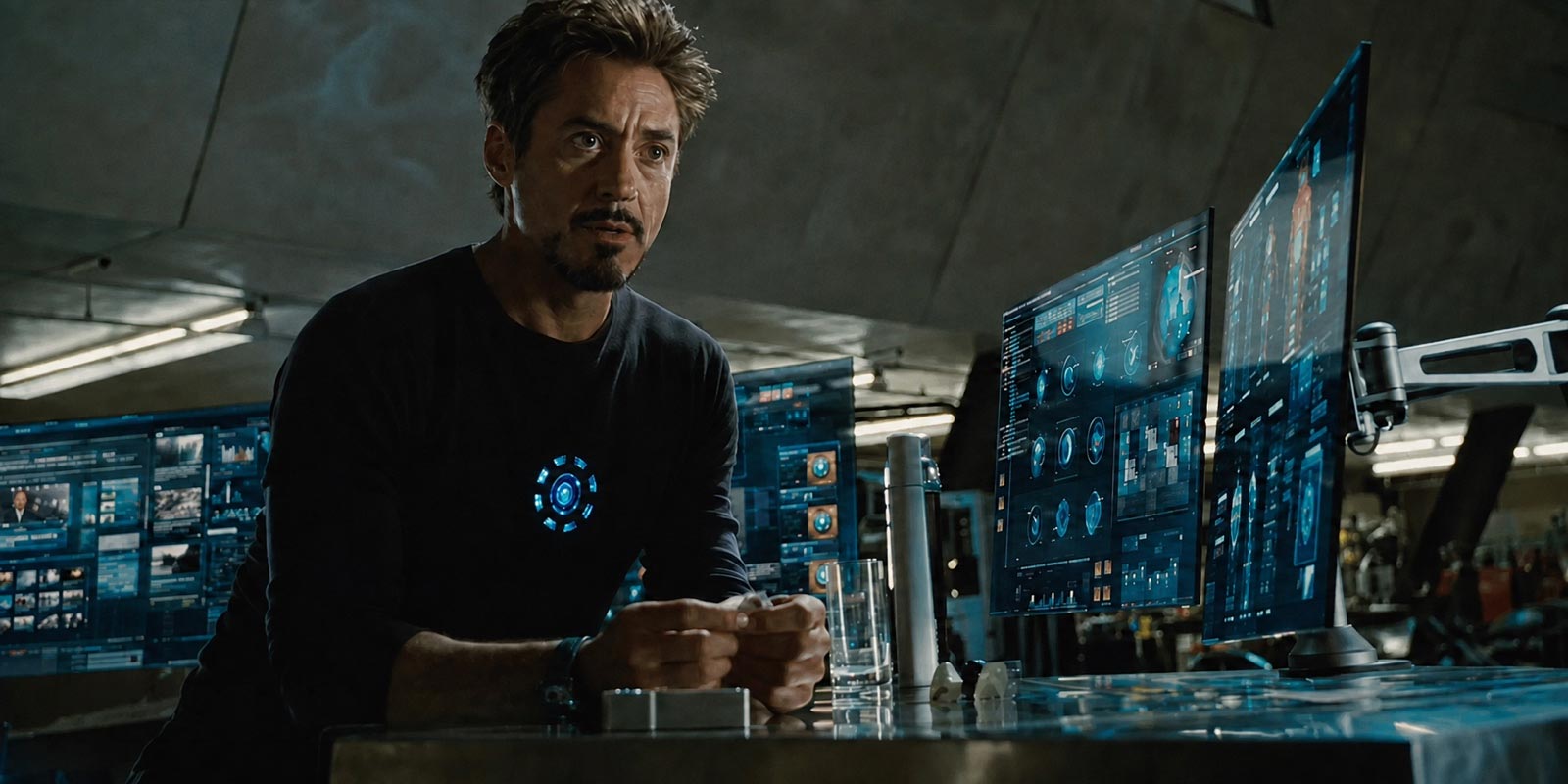 Tony Stark in his lab surrounding by monitors