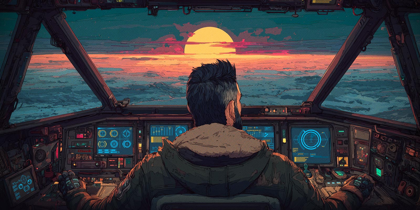 Comic style render of me navigating a ship above the clouds staring into a sunset horizon