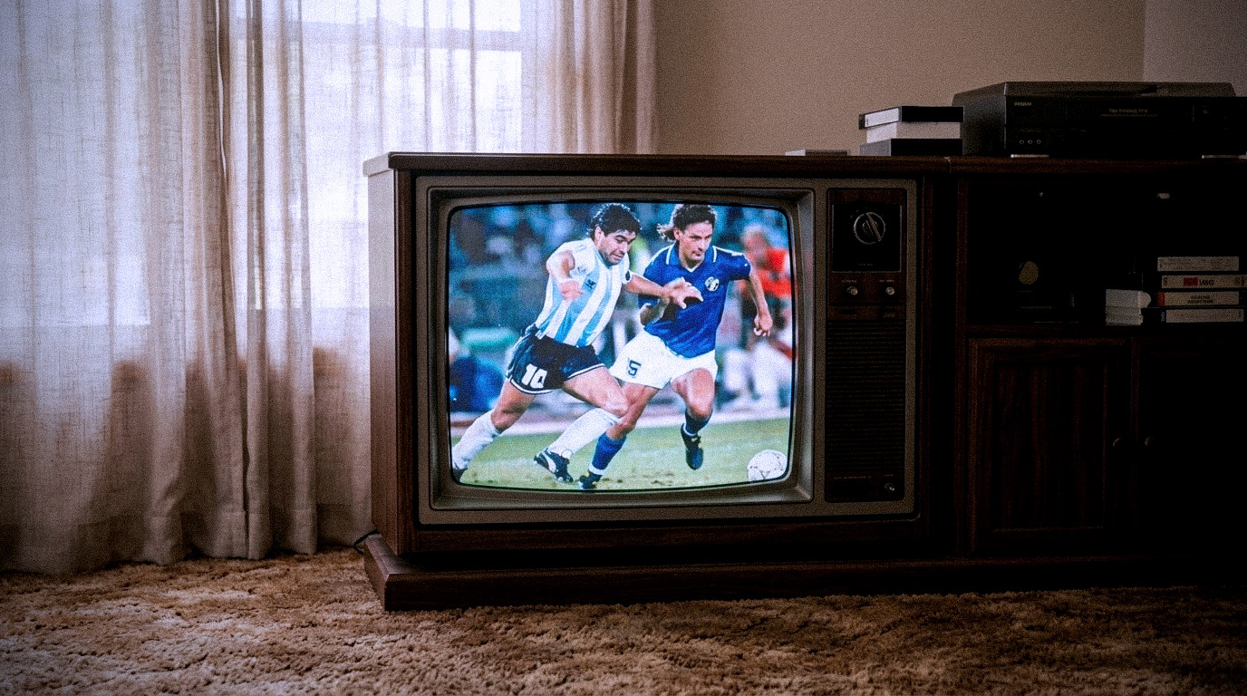 Tube tv with Italia 90 game on between Argentina and Italy with Maradona and Baggio racing for the ball